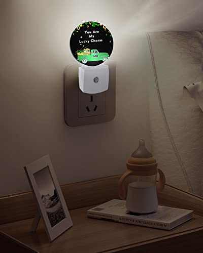 St.Patrick Day Truck Gold Coins Clover Night Lights Plug into Wall, Green Black Auto Round LED Lights with Dusk to Dawn Sensor for Bedroom, Bathroom, Hallway, Kitchen, Kids, Home Decor