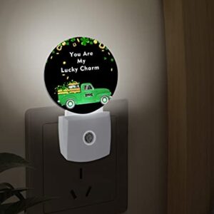 St.Patrick Day Truck Gold Coins Clover Night Lights Plug into Wall, Green Black Auto Round LED Lights with Dusk to Dawn Sensor for Bedroom, Bathroom, Hallway, Kitchen, Kids, Home Decor