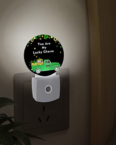 St.Patrick Day Truck Gold Coins Clover Night Lights Plug into Wall, Green Black Auto Round LED Lights with Dusk to Dawn Sensor for Bedroom, Bathroom, Hallway, Kitchen, Kids, Home Decor