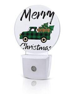 merry christmas truck night lights plug into wall, xmas tree green auto round led lights with dusk to dawn sensor for bedroom, bathroom, hallway, kitchen, kids, home decor