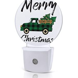 Merry Christmas Truck Night Lights Plug into Wall, Xmas Tree Green Auto Round LED Lights with Dusk to Dawn Sensor for Bedroom, Bathroom, Hallway, Kitchen, Kids, Home Decor