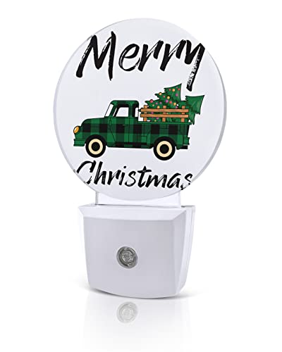 Merry Christmas Truck Night Lights Plug into Wall, Xmas Tree Green Auto Round LED Lights with Dusk to Dawn Sensor for Bedroom, Bathroom, Hallway, Kitchen, Kids, Home Decor