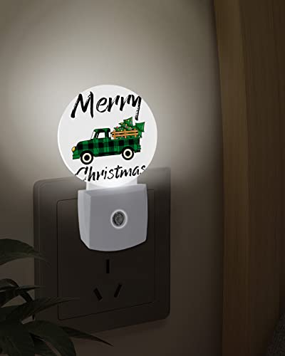 Merry Christmas Truck Night Lights Plug into Wall, Xmas Tree Green Auto Round LED Lights with Dusk to Dawn Sensor for Bedroom, Bathroom, Hallway, Kitchen, Kids, Home Decor