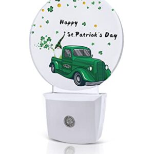 St.Patrick Day Shamrock Truck Night Lights Plug into Wall, Cute Gnomes Green Auto Round LED Lights with Dusk to Dawn Sensor for Bedroom, Bathroom, Hallway, Kitchen, Kids, Home Decor