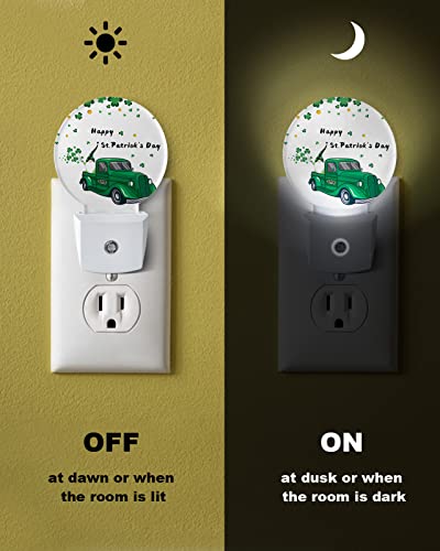 St.Patrick Day Shamrock Truck Night Lights Plug into Wall, Cute Gnomes Green Auto Round LED Lights with Dusk to Dawn Sensor for Bedroom, Bathroom, Hallway, Kitchen, Kids, Home Decor