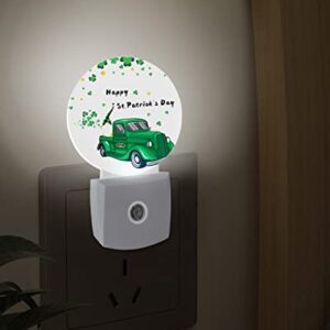 St.Patrick Day Shamrock Truck Night Lights Plug into Wall, Cute Gnomes Green Auto Round LED Lights with Dusk to Dawn Sensor for Bedroom, Bathroom, Hallway, Kitchen, Kids, Home Decor