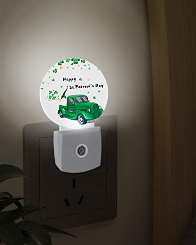 St.Patrick Day Shamrock Truck Night Lights Plug into Wall, Cute Gnomes Green Auto Round LED Lights with Dusk to Dawn Sensor for Bedroom, Bathroom, Hallway, Kitchen, Kids, Home Decor