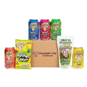 fountain city fulfillment warheads soda & candy variety pack - party box with black cherry, blue raspberry, watermelon, green apple & lemon drinks, sour dill pickle & popping candy - 12oz cans, 5 pack