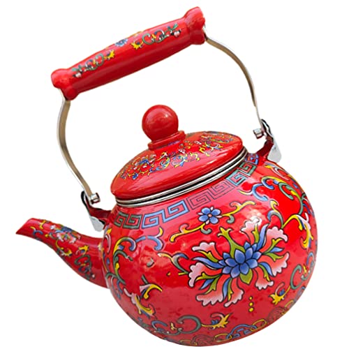 CALLARON Camping Stove Ceramic Enamel Tea Kettle Porcelain Enameled Teakettle Floral Teapot Hot Water Kettle Pot with Infuser for Stovetop Enamel on Steel Tea Kettle 2.2l Red Office Decor