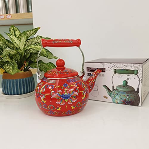 CALLARON Camping Stove Ceramic Enamel Tea Kettle Porcelain Enameled Teakettle Floral Teapot Hot Water Kettle Pot with Infuser for Stovetop Enamel on Steel Tea Kettle 2.2l Red Office Decor