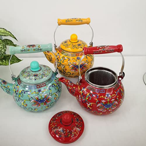 CALLARON Camping Stove Ceramic Enamel Tea Kettle Porcelain Enameled Teakettle Floral Teapot Hot Water Kettle Pot with Infuser for Stovetop Enamel on Steel Tea Kettle 2.2l Red Office Decor