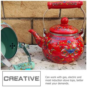 CALLARON Camping Stove Ceramic Enamel Tea Kettle Porcelain Enameled Teakettle Floral Teapot Hot Water Kettle Pot with Infuser for Stovetop Enamel on Steel Tea Kettle 2.2l Red Office Decor