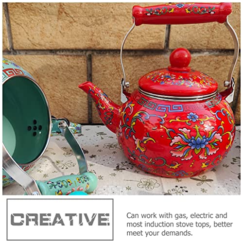 CALLARON Camping Stove Ceramic Enamel Tea Kettle Porcelain Enameled Teakettle Floral Teapot Hot Water Kettle Pot with Infuser for Stovetop Enamel on Steel Tea Kettle 2.2l Red Office Decor