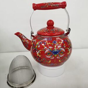 CALLARON Camping Stove Ceramic Enamel Tea Kettle Porcelain Enameled Teakettle Floral Teapot Hot Water Kettle Pot with Infuser for Stovetop Enamel on Steel Tea Kettle 2.2l Red Office Decor