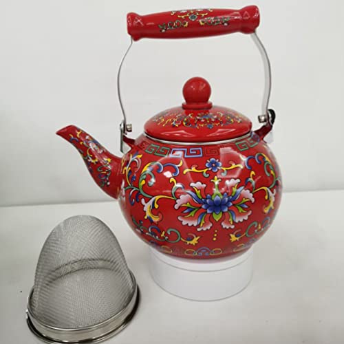 CALLARON Camping Stove Ceramic Enamel Tea Kettle Porcelain Enameled Teakettle Floral Teapot Hot Water Kettle Pot with Infuser for Stovetop Enamel on Steel Tea Kettle 2.2l Red Office Decor