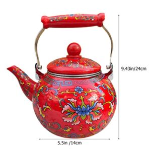 CALLARON Camping Stove Ceramic Enamel Tea Kettle Porcelain Enameled Teakettle Floral Teapot Hot Water Kettle Pot with Infuser for Stovetop Enamel on Steel Tea Kettle 2.2l Red Office Decor