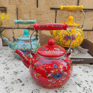 CALLARON Camping Stove Ceramic Enamel Tea Kettle Porcelain Enameled Teakettle Floral Teapot Hot Water Kettle Pot with Infuser for Stovetop Enamel on Steel Tea Kettle 2.2l Red Office Decor