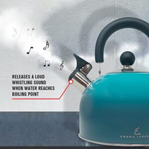 Emeril Lagasse 2.6 Quart/2.5 Liter Whistling Tea Kettle, Stainless Steel Tea Pot for Induction Stove Top, Fast to Boil Water for Home Kitchen Condo, with Ergonomic Cool Folding Grip Handle, Teal