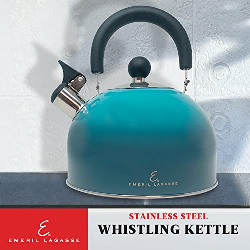 Emeril Lagasse 2.6 Quart/2.5 Liter Whistling Tea Kettle, Stainless Steel Tea Pot for Induction Stove Top, Fast to Boil Water for Home Kitchen Condo, with Ergonomic Cool Folding Grip Handle, Teal