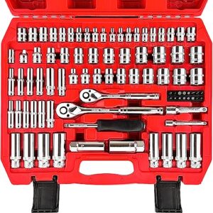 wett 1/4" and 3/8" drive socket set, 86-piece socket wrench set with quick-release ratchet, extention bar, adapter, 1/4" bits, cr-v steel, metric/sae, deep/shallow, mirror chrome finish