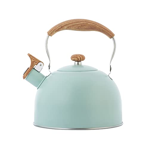 Tea Kettle,2.6 Quart Whistling Tea Kettle,Teapot for Stovetop,Food Grade Stainless Steel Teapot with Wood Pattern Handle, Loud Whistle Kettle for Tea, Coffee, Milk(Green-2.6 Quart)