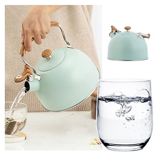 Tea Kettle,2.6 Quart Whistling Tea Kettle,Teapot for Stovetop,Food Grade Stainless Steel Teapot with Wood Pattern Handle, Loud Whistle Kettle for Tea, Coffee, Milk(Green-2.6 Quart)