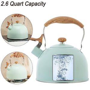 Tea Kettle,2.6 Quart Whistling Tea Kettle,Teapot for Stovetop,Food Grade Stainless Steel Teapot with Wood Pattern Handle, Loud Whistle Kettle for Tea, Coffee, Milk(Green-2.6 Quart)