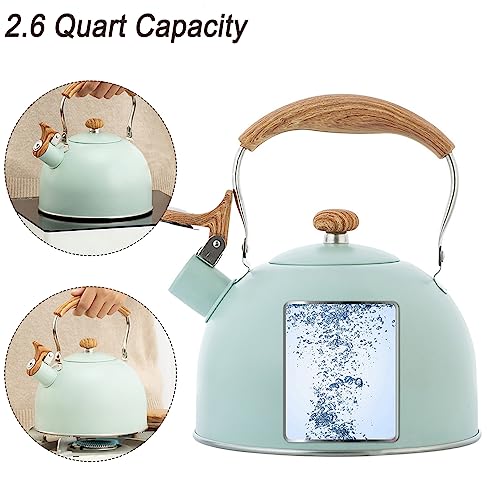 Tea Kettle,2.6 Quart Whistling Tea Kettle,Teapot for Stovetop,Food Grade Stainless Steel Teapot with Wood Pattern Handle, Loud Whistle Kettle for Tea, Coffee, Milk(Green-2.6 Quart)