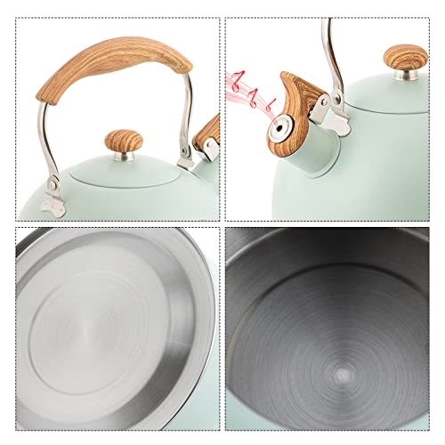 Tea Kettle,2.6 Quart Whistling Tea Kettle,Teapot for Stovetop,Food Grade Stainless Steel Teapot with Wood Pattern Handle, Loud Whistle Kettle for Tea, Coffee, Milk(Green-2.6 Quart)