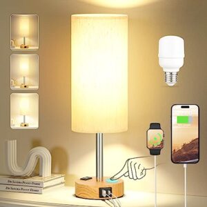 beside table lamp for bedroom nightstand - 3 way dimmable touch lamp usb c charging ports and ac outlet, small, wood base round flaxen fabric shade for living room, office desk, led bulb included