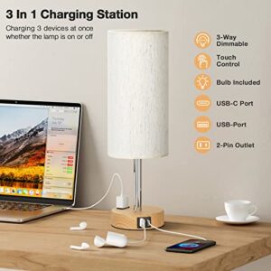 Beside Table Lamp for Bedroom Nightstand - 3 Way Dimmable Touch Lamp USB C Charging Ports and AC Outlet, Small, Wood Base Round Flaxen Fabric Shade for Living Room, Office Desk, LED Bulb Included