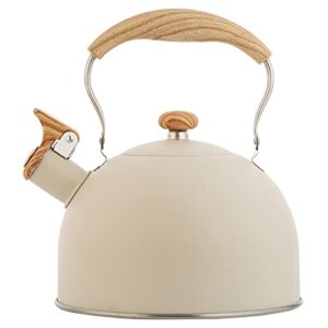 tea kettle,2.6 quart whistling tea kettle,tea kettle stovetop,food grade stainless steel teapot with wood pattern handle, loud whistle kettle for tea, coffee, milk(beige-2.6 quart)