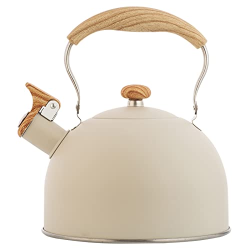 Tea Kettle,2.6 Quart Whistling Tea Kettle,Tea Kettle Stovetop,Food Grade Stainless Steel Teapot with Wood Pattern Handle, Loud Whistle Kettle for Tea, Coffee, Milk(Beige-2.6 Quart)