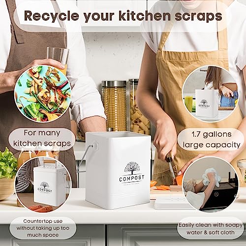 Perfnique Kitchen Compost Bin, 1.7 Gallon Countertop Compost Bin with Lid, Indoor Compost Bin Includes 2 Carbon Filters, Small Compost Bucket, Food Waste Bin for Kitchen with Trash Bags (Cream White)