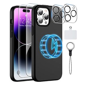 mozoter [6 in 1 magnetic silicone case,[12 ft shockproof compatible with magsafe][2 pcs glass screen protector+camera lens protector] [heavy duty], silicone black, for iphone 14 pro max-6.7''