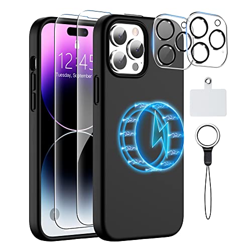 MOZOTER [6 in 1 Magnetic Silicone Case,[12 FT Shockproof Compatible with Magsafe][2 Pcs Glass Screen Protector+Camera Lens Protector] [Heavy Duty], Silicone Black, For iPhone 14 Pro Max-6.7''