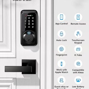 Smart Door Lock Set for Front Door, Zowill 7-in-1 Fingerprint Deadbolt with App Control, Keyless Entry Door Lock with 2 Lever Handles, Biometric,Touchscreen Keypad, Auto Lock, Matte Black