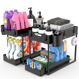 gaoline 2 pack 2 tier under sink organizers and storage with 8 hooks, 4 long bulkheads, 4 short bulkheads & 2 hanging cups, double sliding drawers cabinet basket organizer, up to 15 inches high, black