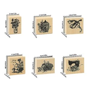 Toptime Wooden Rubber Stamps, 6 Pieces Stamps with 4 Ink Pad, Vintage Wood Stamps with Cat and Bird Pattern, Flower Stamps and Animal Stamps Set for Journaling, Scrapbooking, Card Making