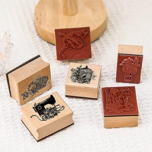 Toptime Wooden Rubber Stamps, 6 Pieces Stamps with 4 Ink Pad, Vintage Wood Stamps with Cat and Bird Pattern, Flower Stamps and Animal Stamps Set for Journaling, Scrapbooking, Card Making