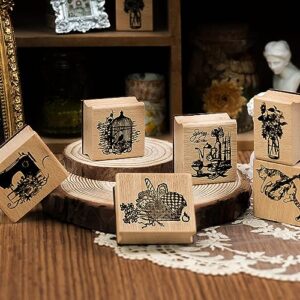 Toptime Wooden Rubber Stamps, 6 Pieces Stamps with 4 Ink Pad, Vintage Wood Stamps with Cat and Bird Pattern, Flower Stamps and Animal Stamps Set for Journaling, Scrapbooking, Card Making