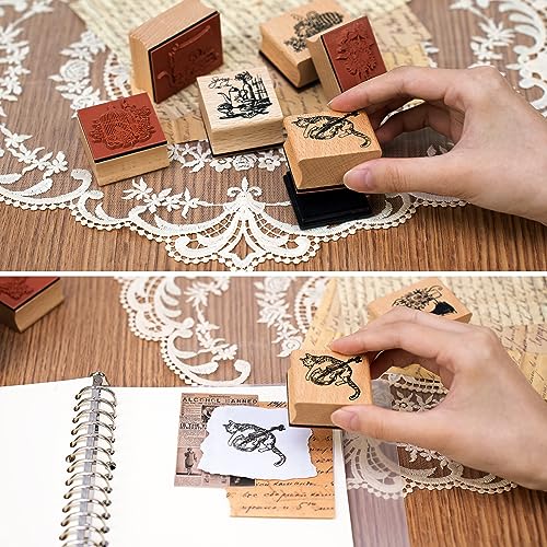 Toptime Wooden Rubber Stamps, 6 Pieces Stamps with 4 Ink Pad, Vintage Wood Stamps with Cat and Bird Pattern, Flower Stamps and Animal Stamps Set for Journaling, Scrapbooking, Card Making