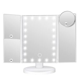 LeeWent Makeup Mirror Vanity Mirror with Lights, Bathroom Adjustable Brightness Mirrors 1X/2X/3X/10X Magnification and Touch Screen Trifold Makeup Mirror Two Power Supply Modes Women Gift White