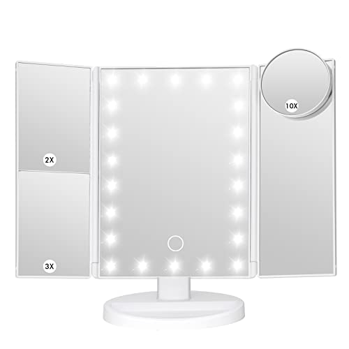 LeeWent Makeup Mirror Vanity Mirror with Lights, Bathroom Adjustable Brightness Mirrors 1X/2X/3X/10X Magnification and Touch Screen Trifold Makeup Mirror Two Power Supply Modes Women Gift White