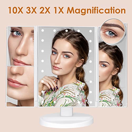 LeeWent Makeup Mirror Vanity Mirror with Lights, Bathroom Adjustable Brightness Mirrors 1X/2X/3X/10X Magnification and Touch Screen Trifold Makeup Mirror Two Power Supply Modes Women Gift White