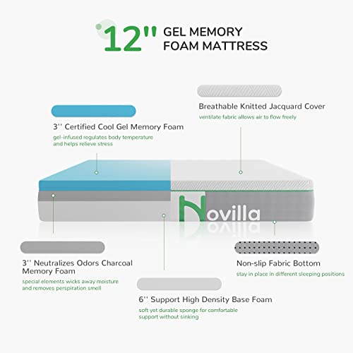 Novilla King Size Mattress, 12 Inch Gel Memory Foam King Mattress for Cooling Sleep & Pressure Relief, Medium Soft with Motion Isolation, Mattress in a Box, Lullaby
