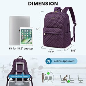 LOVEVOOK Travel Laptop Backpack for Women Quilted Fashion Work Backpack Purse 15.6 Inch Airline Approved Large Teacher Nurse Bag with USB Port Anti Theft Laptop Backpack for Business College,Purple