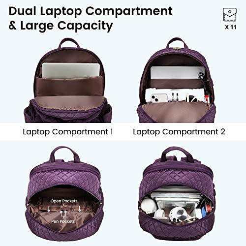 LOVEVOOK Travel Laptop Backpack for Women Quilted Fashion Work Backpack Purse 15.6 Inch Airline Approved Large Teacher Nurse Bag with USB Port Anti Theft Laptop Backpack for Business College,Purple