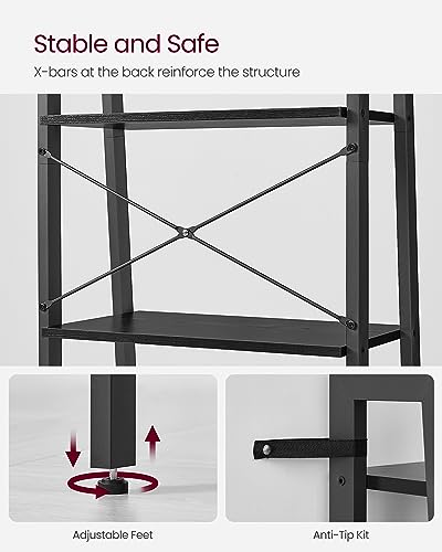 VASAGLE Ladder Shelf, 5-Tier Bookshelf, Storage Rack, Bookcase with Steel Frame, for Living Room Home Office, Kitchen, Bedroom, Industrial Style, Ebony Black + Black