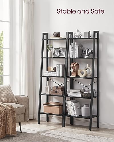 VASAGLE Ladder Shelf, 5-Tier Bookshelf, Storage Rack, Bookcase with Steel Frame, for Living Room Home Office, Kitchen, Bedroom, Industrial Style, Ebony Black + Black